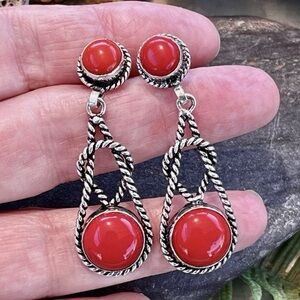 Southwest Coral Gemstone Sterling Silver 1.8” Post Stud Earrings
